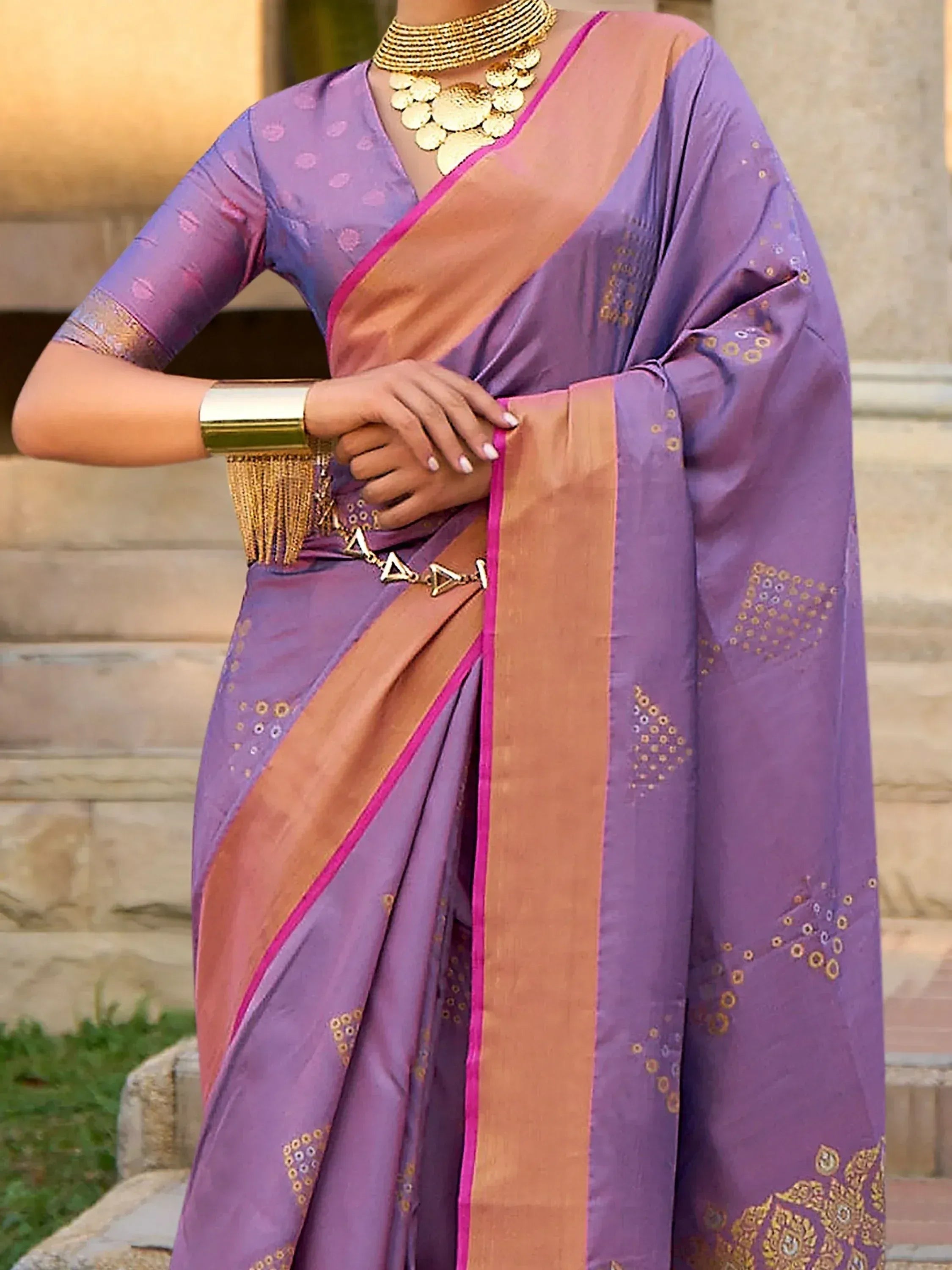 Purple and gold designer saree with pink border, traditional Indian ethnic wear for women