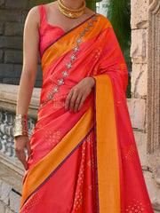 Glamorous Coral Red Zari Weaving Silk Wedding Wear Saree