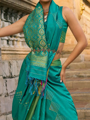Bewitching Teal Blue Zari Weaving Silk Traditional Saree With Blouse