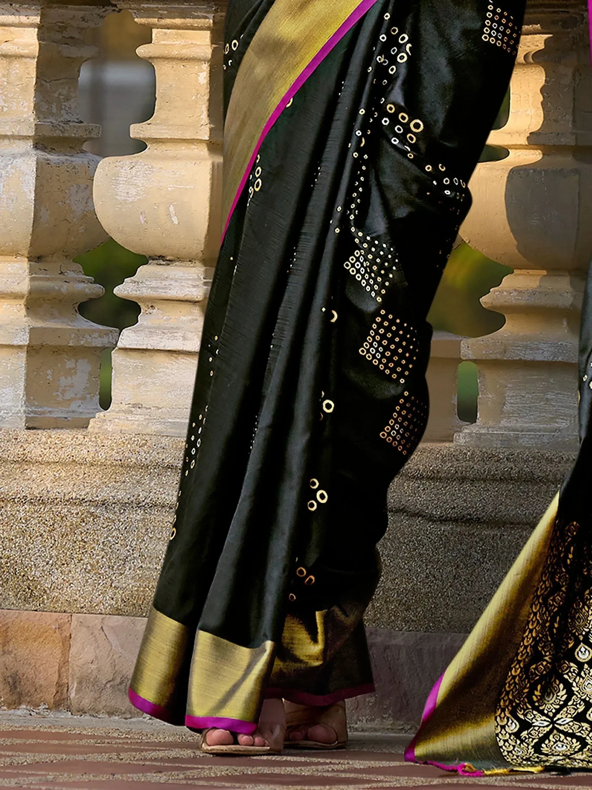 Black saree with gold and pink border, ethnic wear for women, traditional Indian designer saree