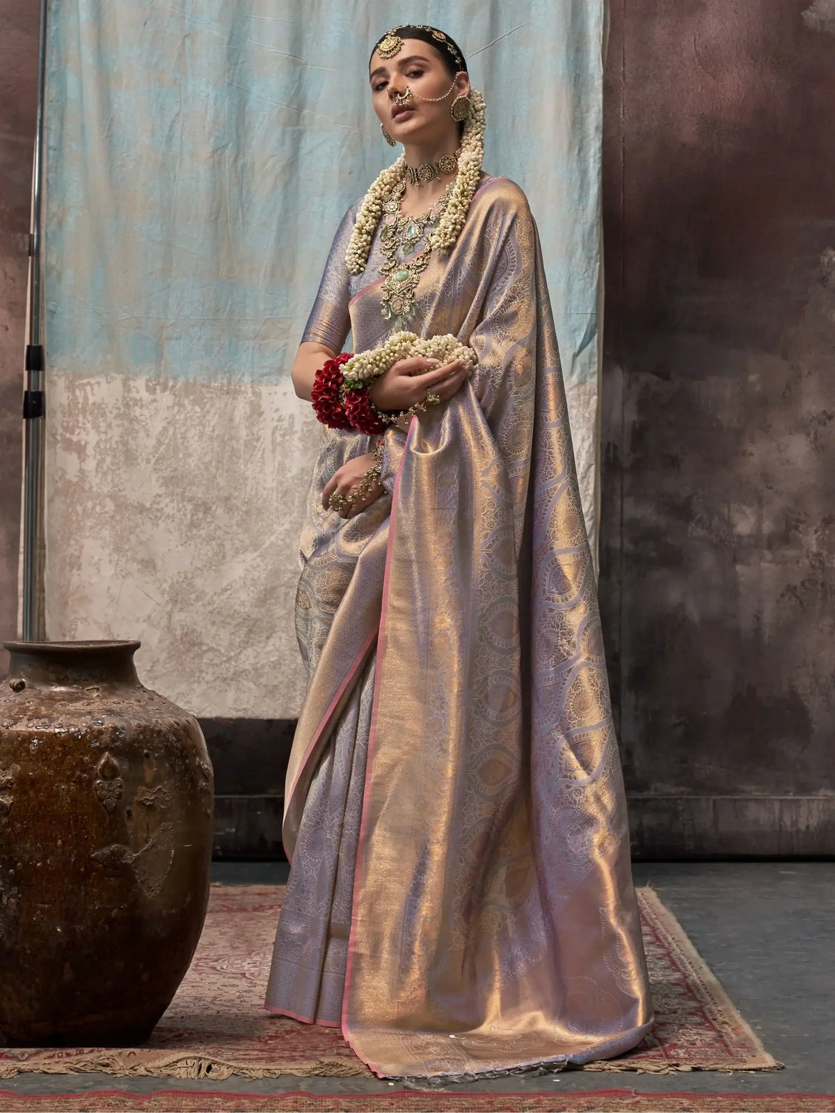 Stunning Grey Zari Weaving Silk Wedding Wear Saree With Blouse