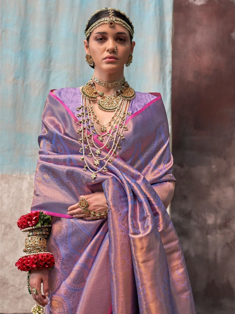 Attractive Lavender Zari Weaving Silk Festival Wear Saree With Blouse