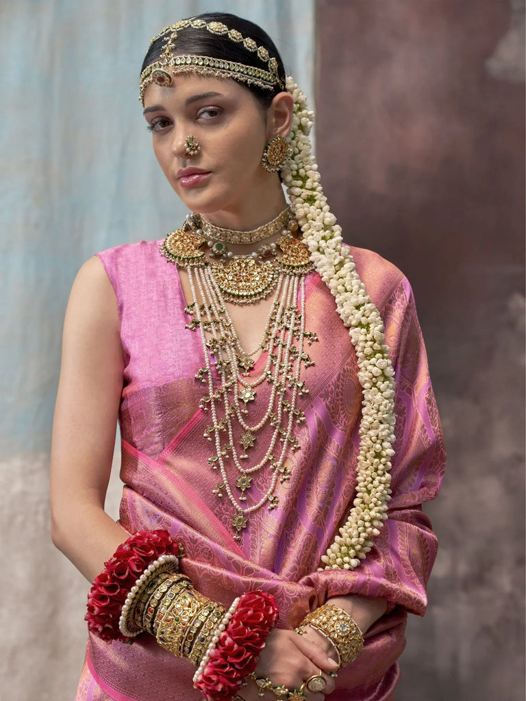 Gorgeous Pink Zari Weaving Silk Wedding Wear Saree With Blouse