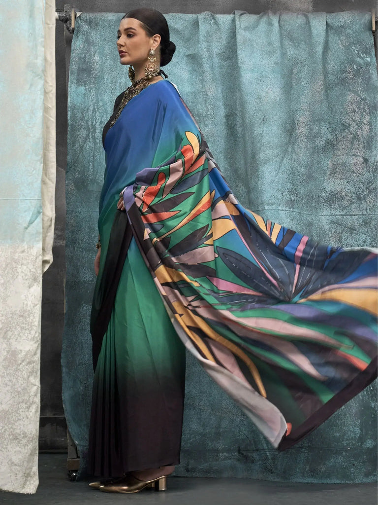 Stunning Multi-Color Printed Crepe Party Wear Saree With Blouse