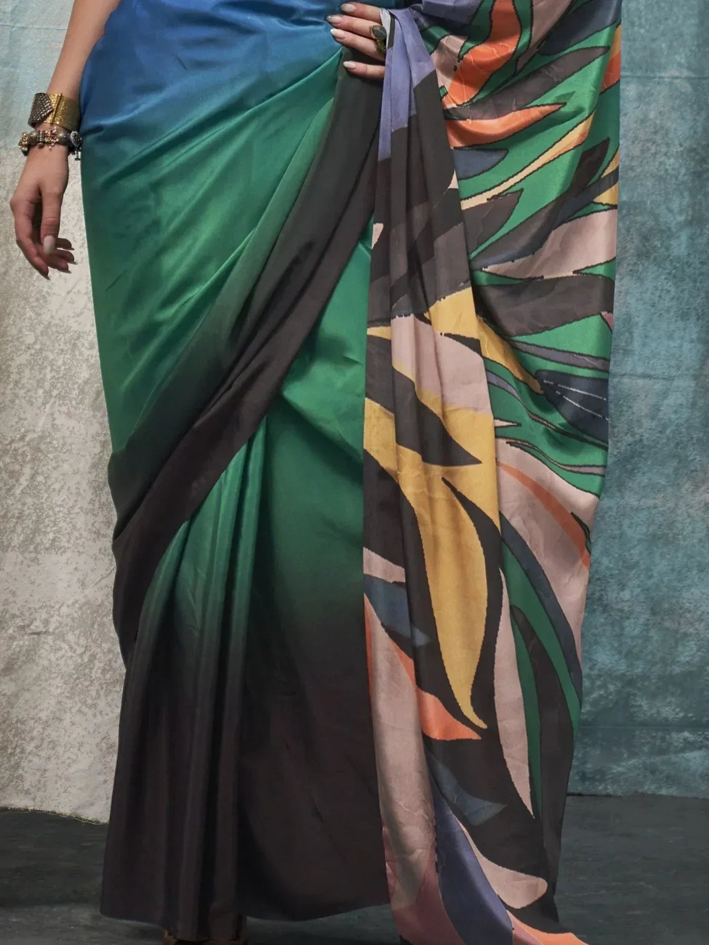 Green and blue ombre saree with abstract leaf print, stylish Indian ethnic wear
