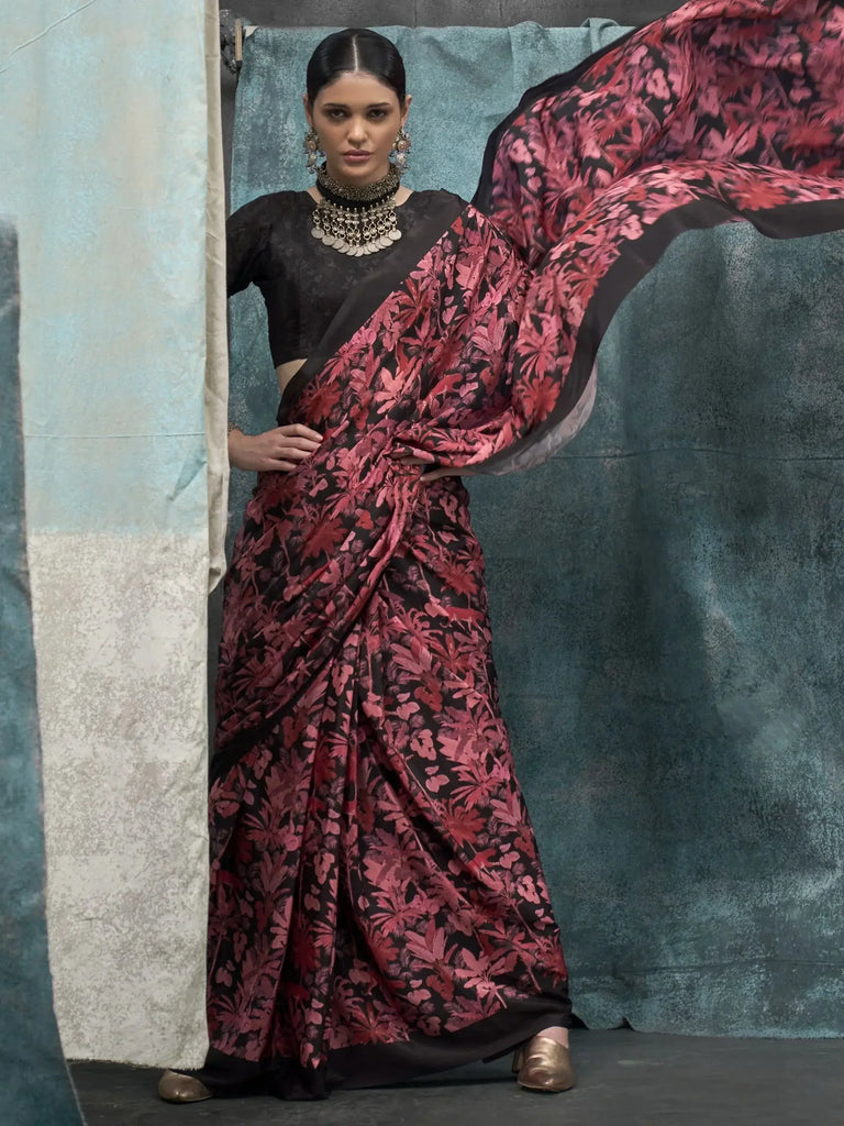 Attractive Black Digital Printed Crepe Cocktail Party Wear Saree