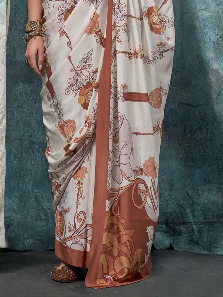 Adorable White Digital Printed Crepe Trendy Saree With Blouse