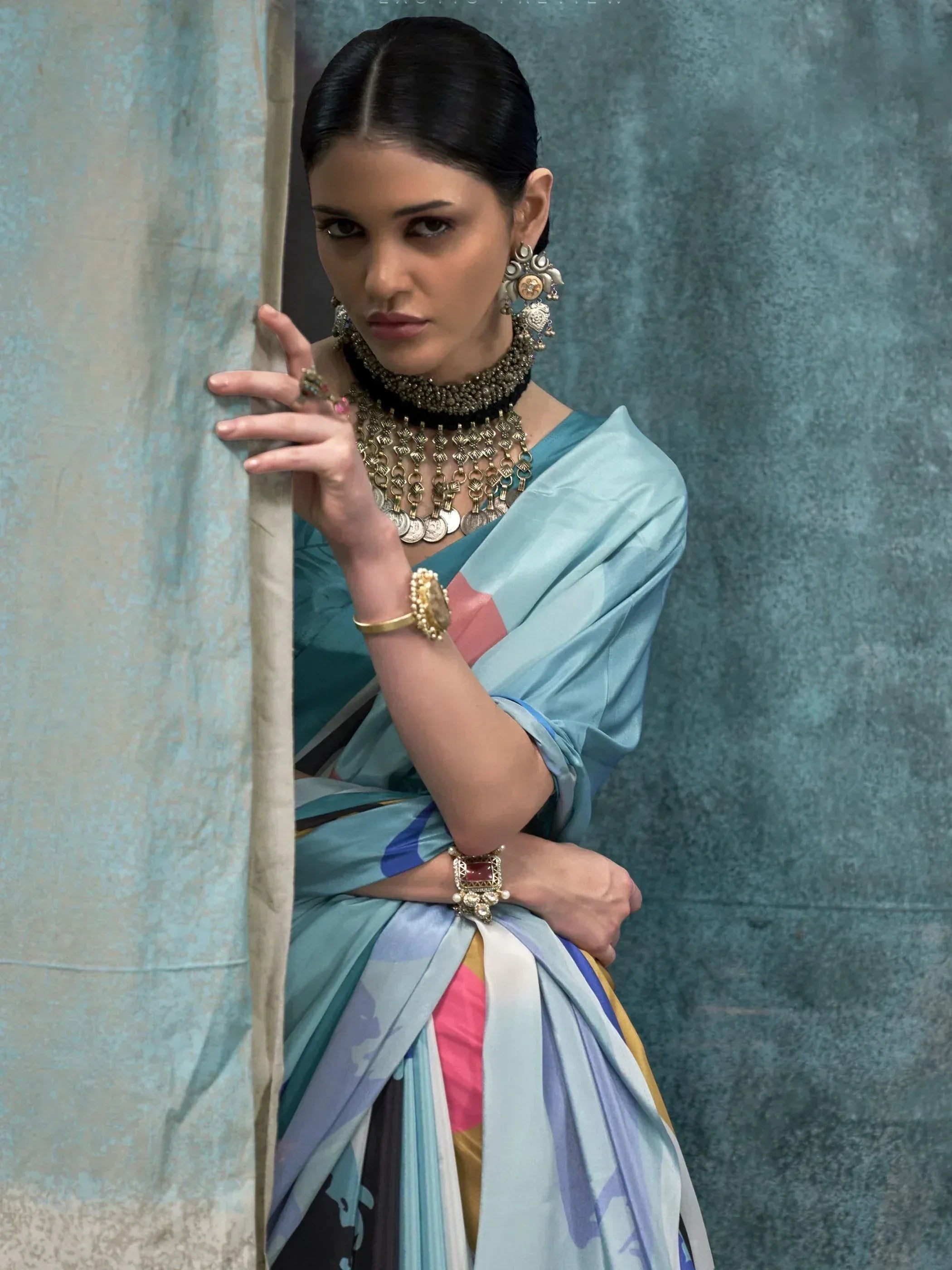 Woman in elegant blue printed saree with traditional Indian jewelry, perfect for ethnic occasions.
