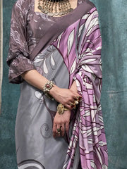 Sweet Grey Digital Printed Crepe Event Wear Saree With Blouse