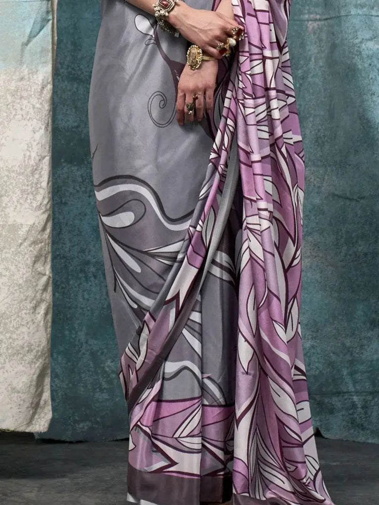 Sweet Grey Digital Printed Crepe Event Wear Saree With Blouse