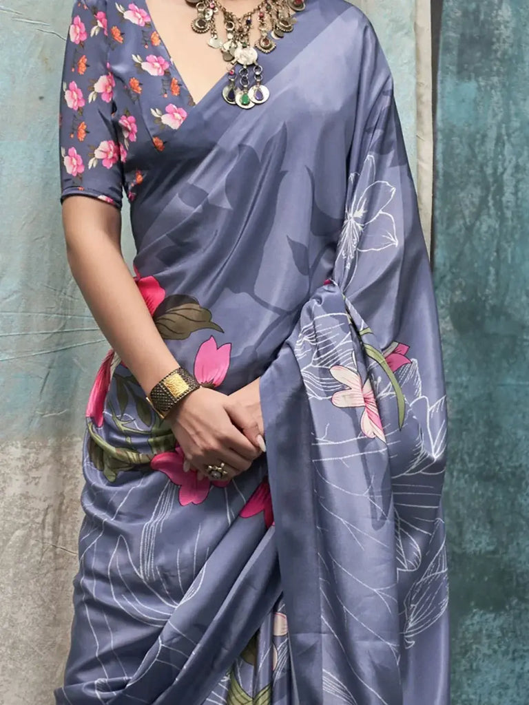 Beautiful Dusty Blue Floral Printed Crepe Party Wear Saree With Blouse