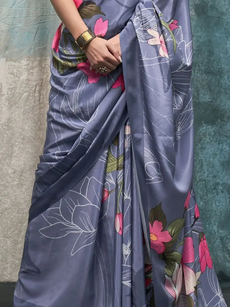 Beautiful Dusty Blue Floral Printed Crepe Party Wear Saree With Blouse