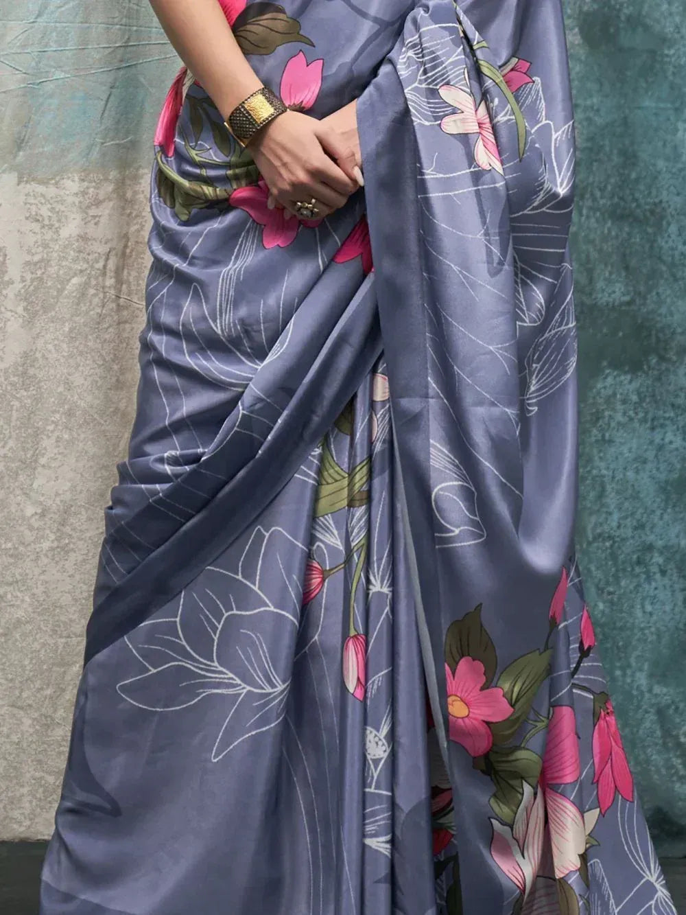 Grey floral print saree with pink flowers, elegant Indian ethnic wear for women