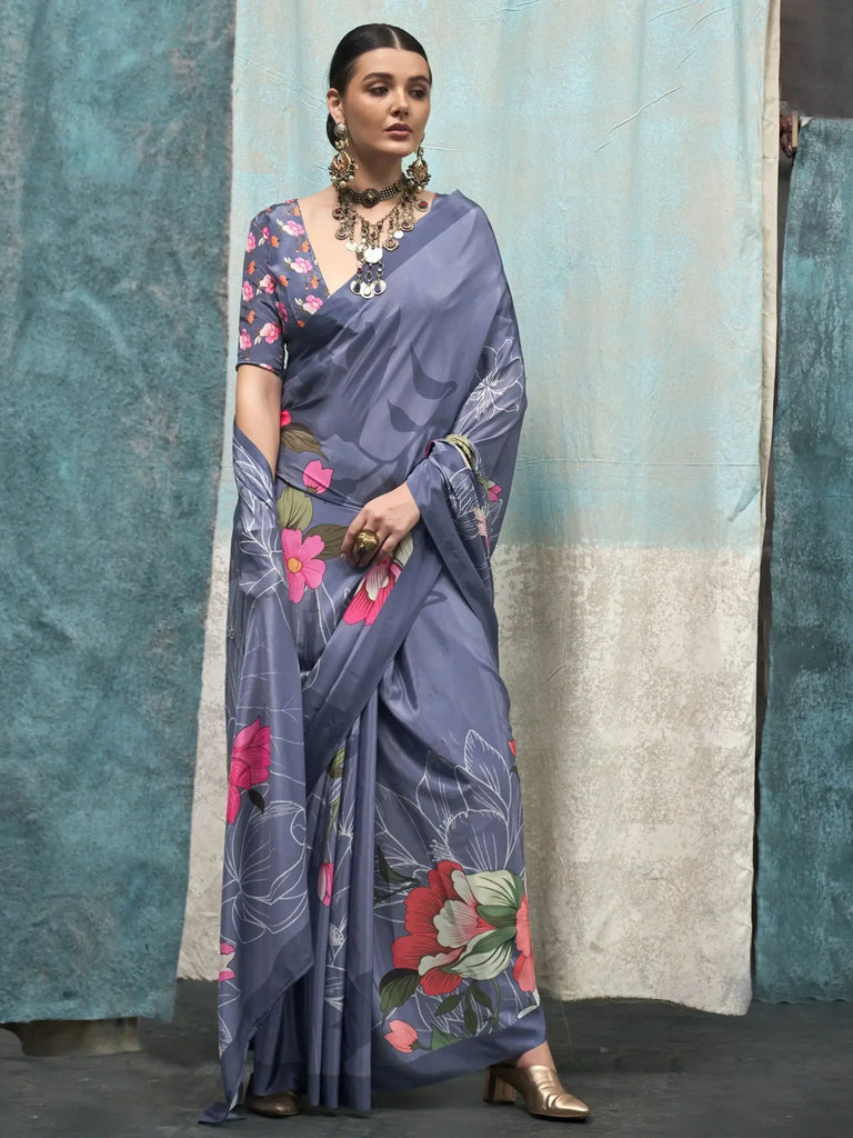 Beautiful Dusty Blue Floral Printed Crepe Party Wear Saree With Blouse