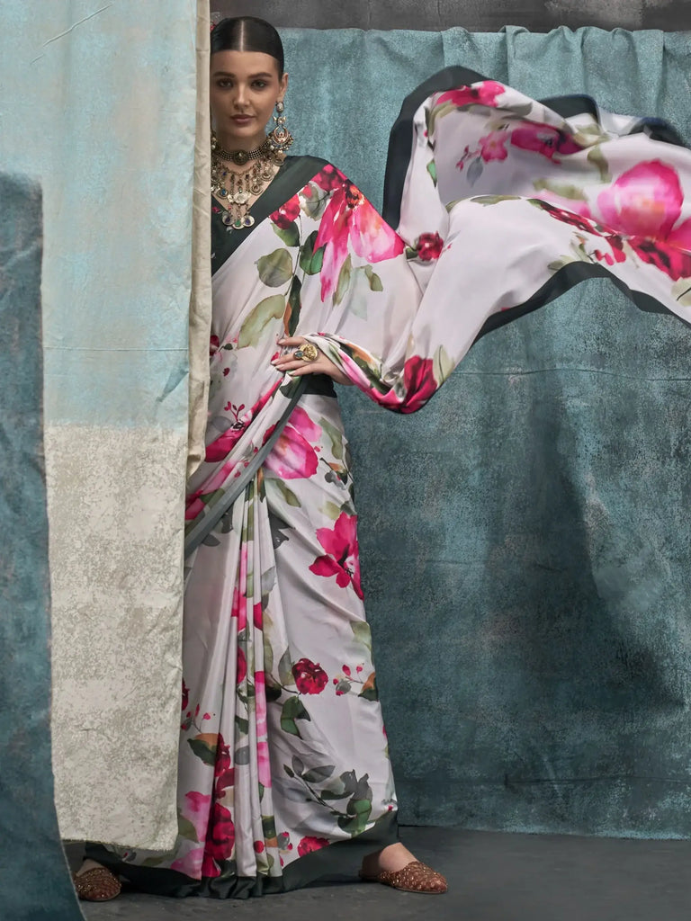 Stunning White Floral Printed Crepe Festival Wear Saree With Blouse