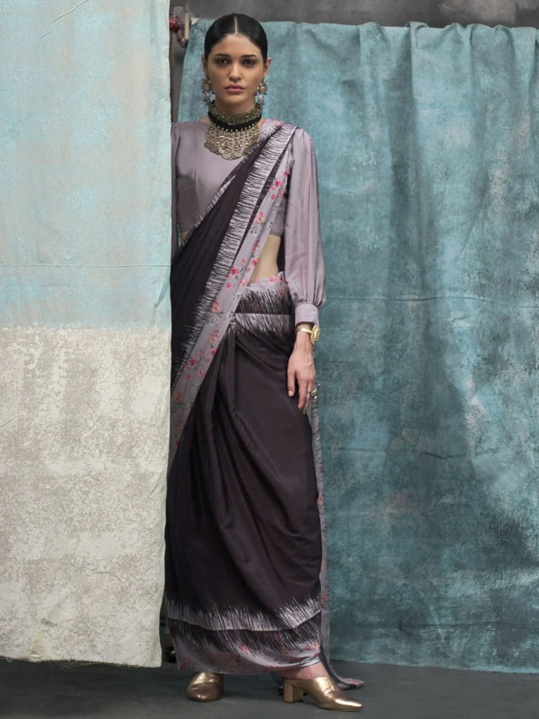 Enchanting Purple Printed Crepe Casual Wear Saree With Blouse