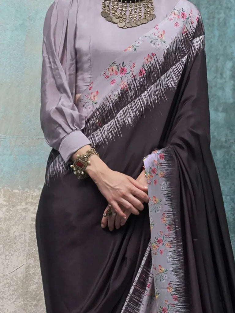 Enchanting Purple Printed Crepe Casual Wear Saree With Blouse