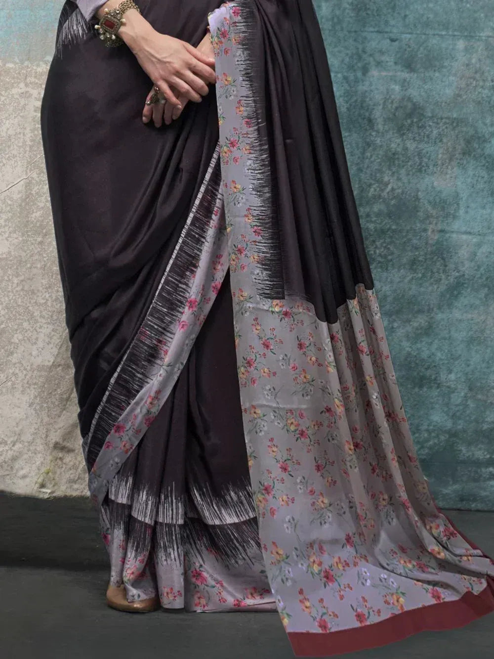Black and floral grey saree with ikat border, elegant Indian ethnic wear for women