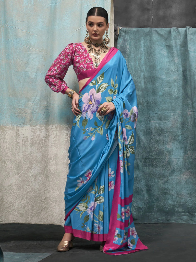 Glamorous Sky-Blue Floral Printed Crepe Event Wear Saree With Blouse