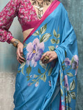 Glamorous Sky-Blue Floral Printed Crepe Event Wear Saree With Blouse