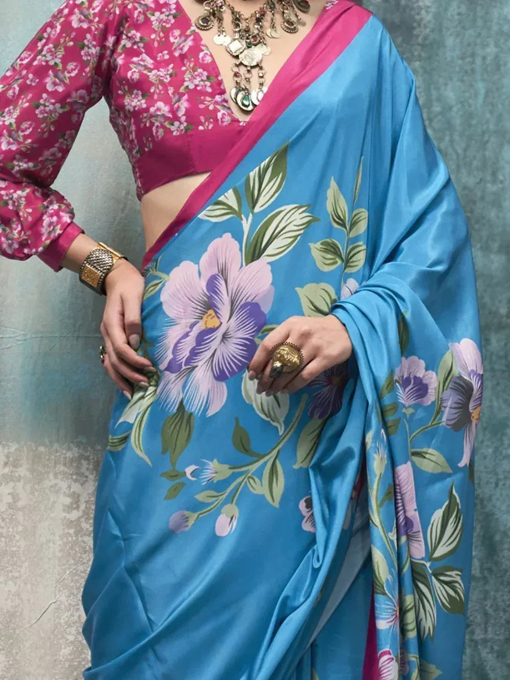 Blue floral saree with pink blouse, ethnic Indian wear, designer print, traditional saree style