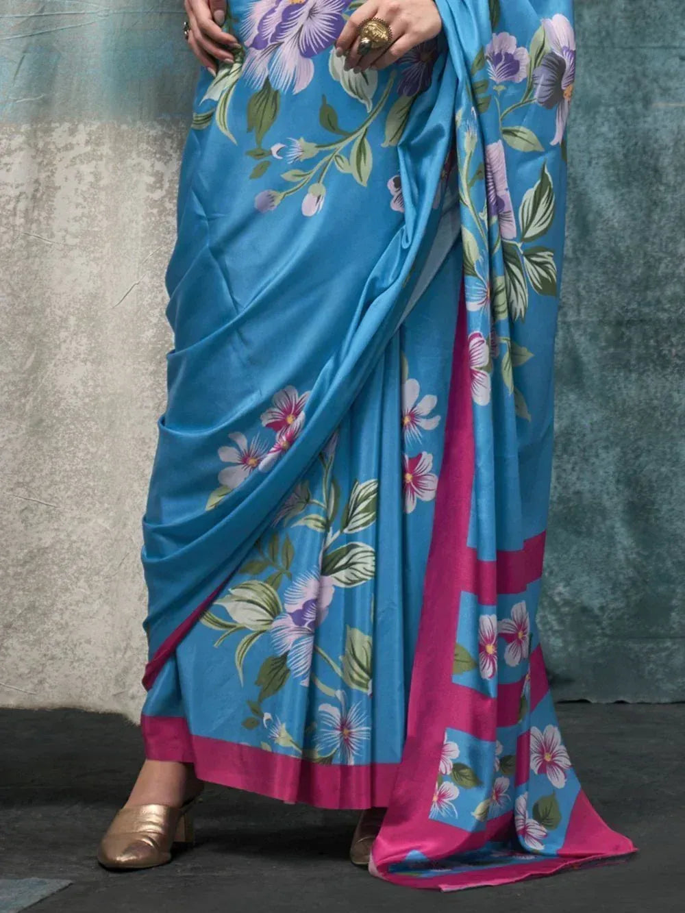 Blue floral print saree with pink border, Indian ethnic wear for women