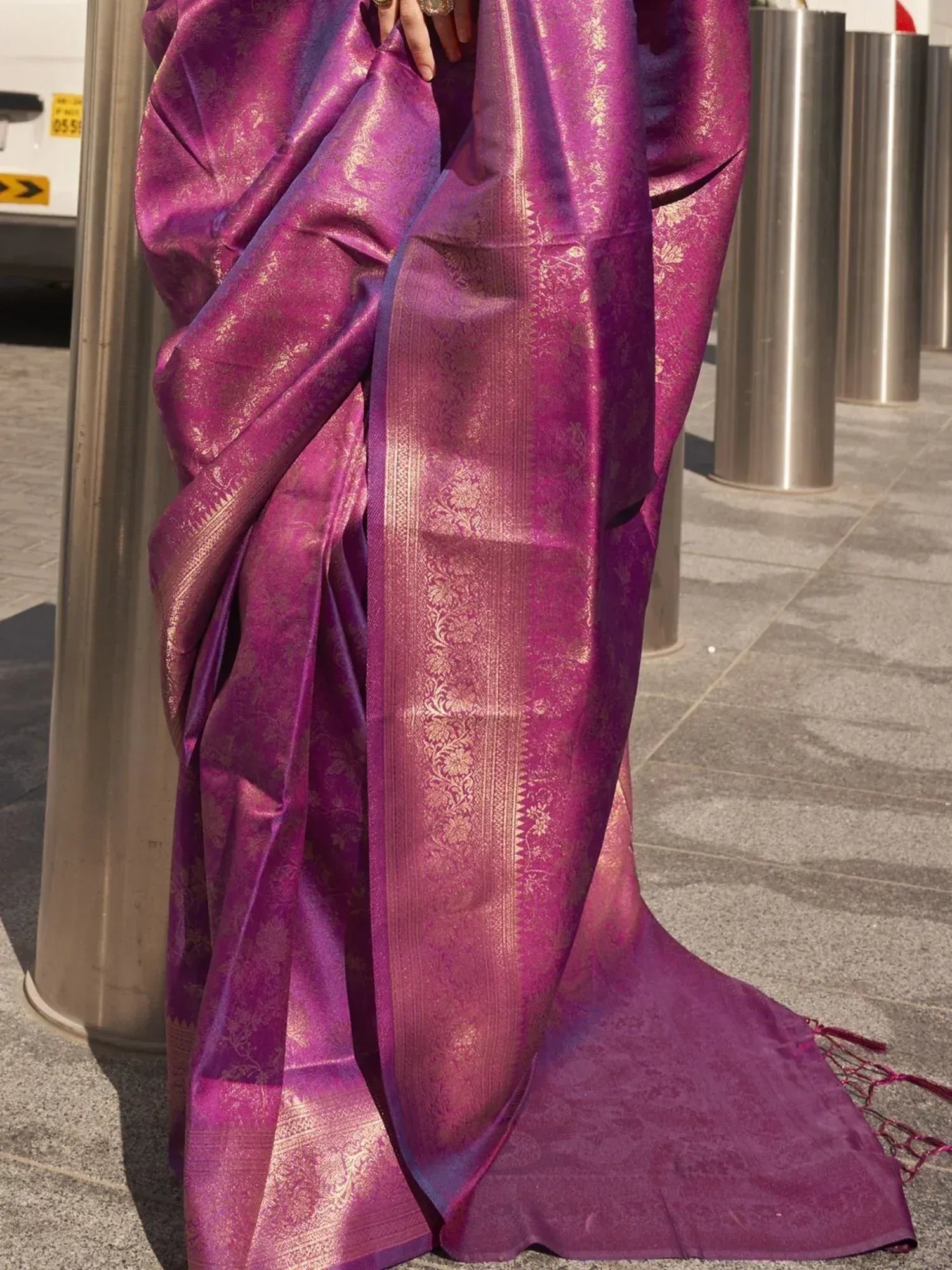 Purple silk saree with gold floral zari work, elegant Indian ethnic wear for women
