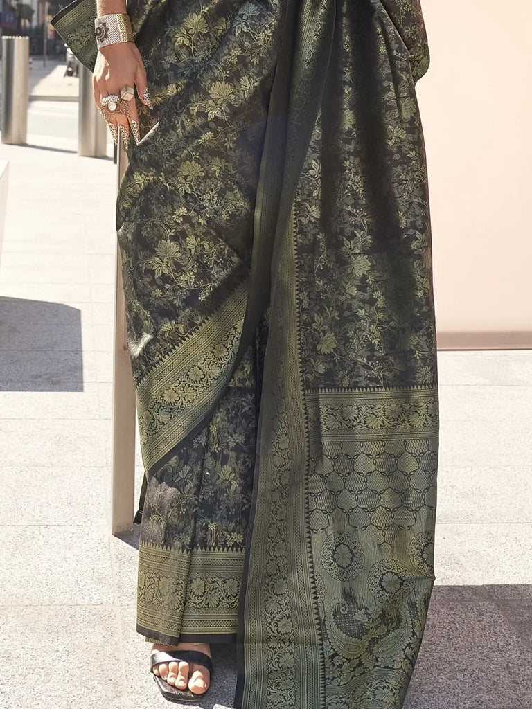 Charming Black Zari Weaving Silk Reception Wear Saree With Blouse