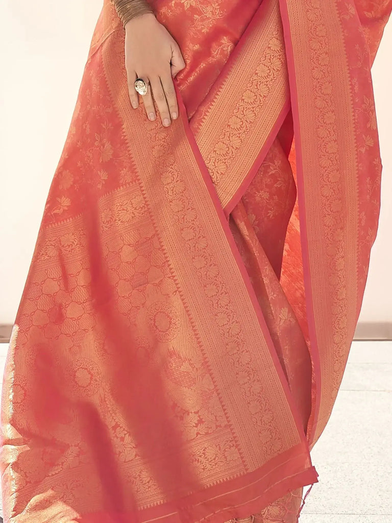 Beautiful Orange Zari Weaving Silk Function Wear Saree With Blouse