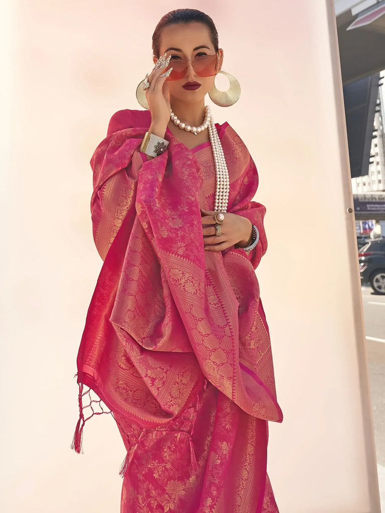 Incredible Pink Zari Weaving Silk Festival Wear Saree With Blouse