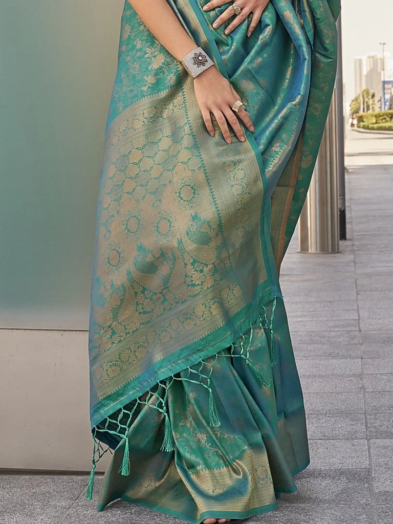Awesome Teal Green Zari Weaving Silk Event Wear Saree With Blouse