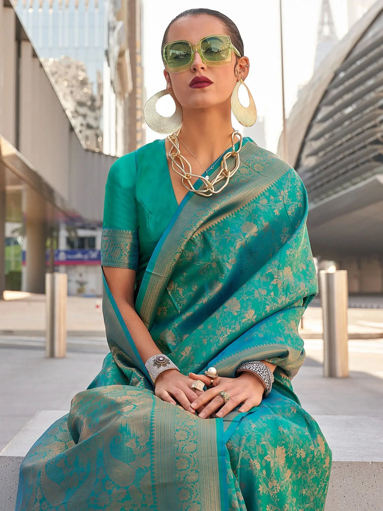 Awesome Teal Green Zari Weaving Silk Event Wear Saree With Blouse