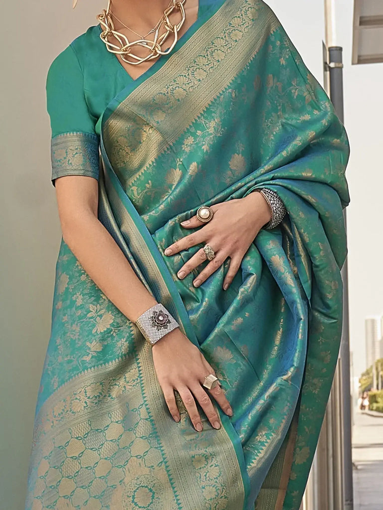 Awesome Teal Green Zari Weaving Silk Event Wear Saree With Blouse