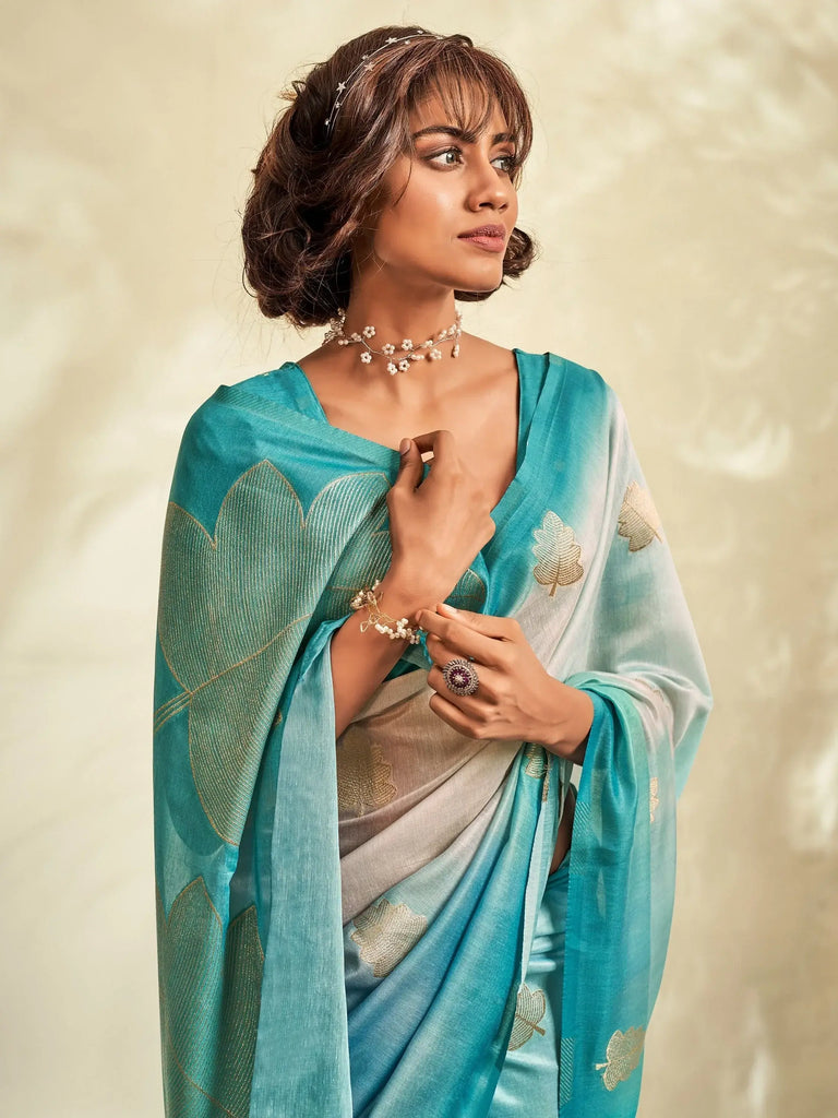 Stunning Sky-Blue Thread Work Silk Sangeet Wear Saree With Blouse