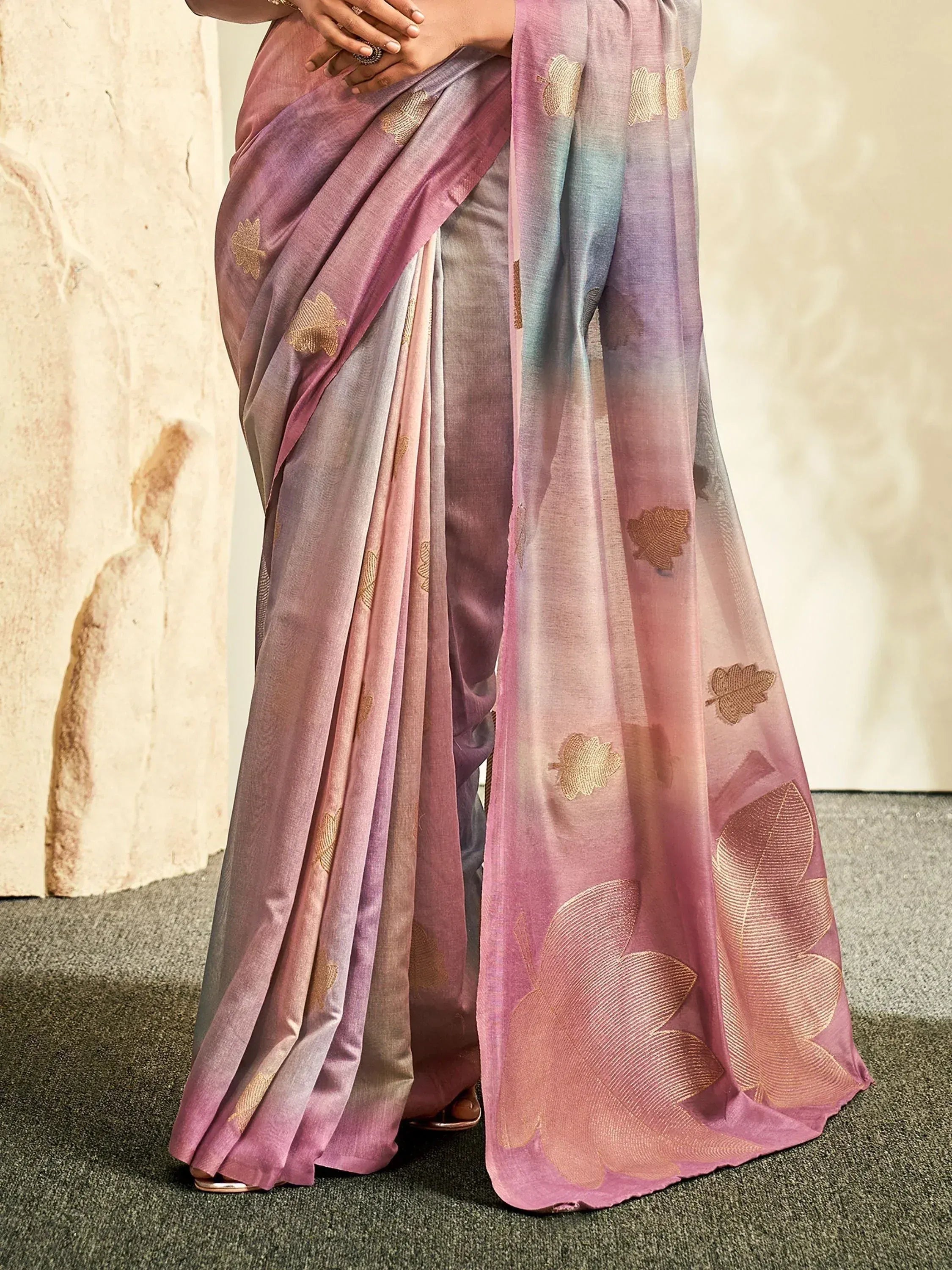 Pastel ombre saree with gold leaf embroidery, Indian ethnic wear
