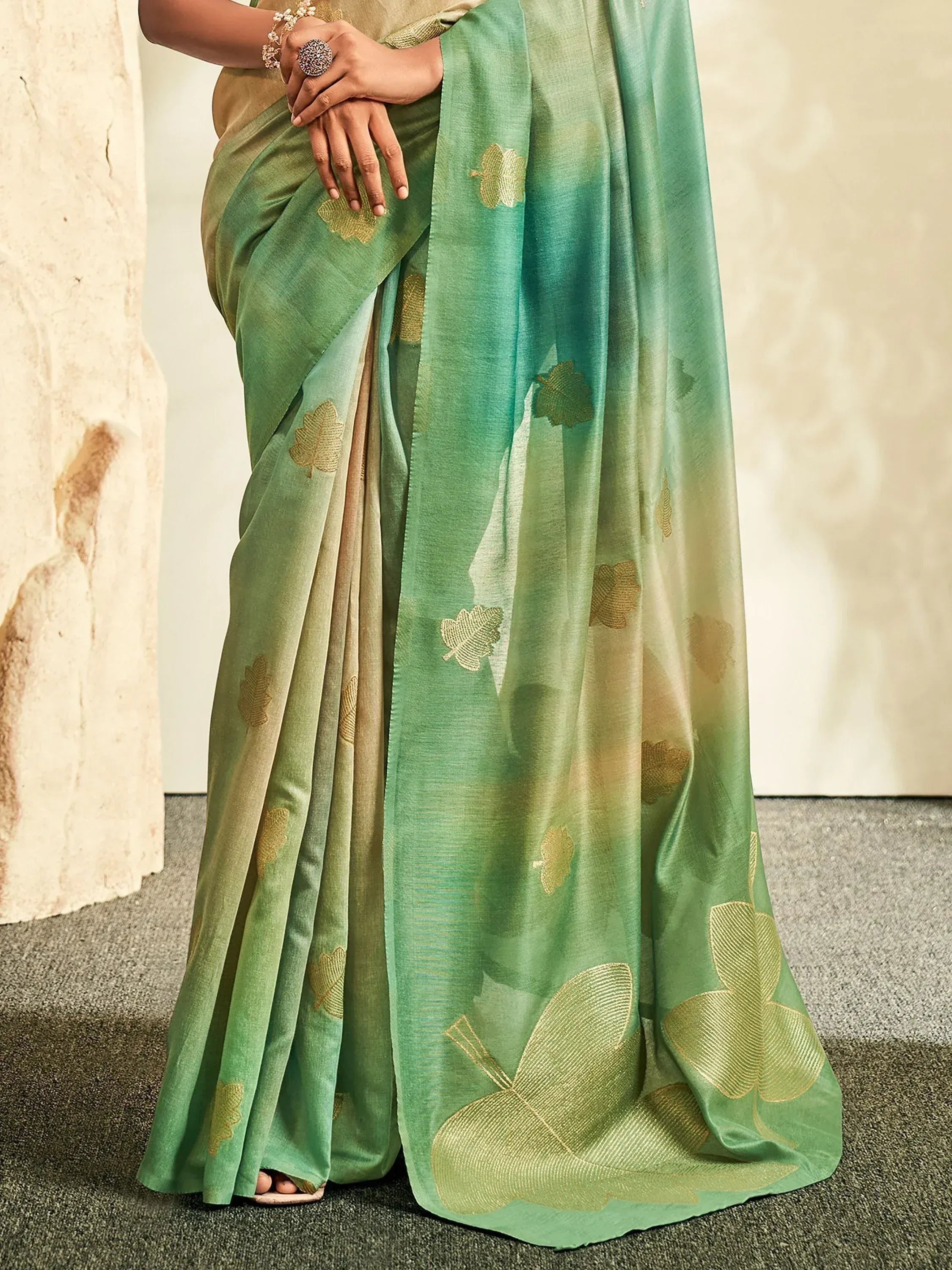 Green ombre saree with gold leaf embroidery, Indian ethnic wear for women