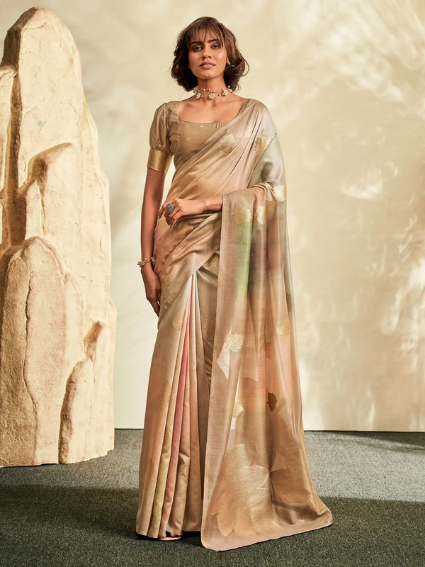 Beautiful Light Brown Thread work Silk Traditional Saree With Blouse