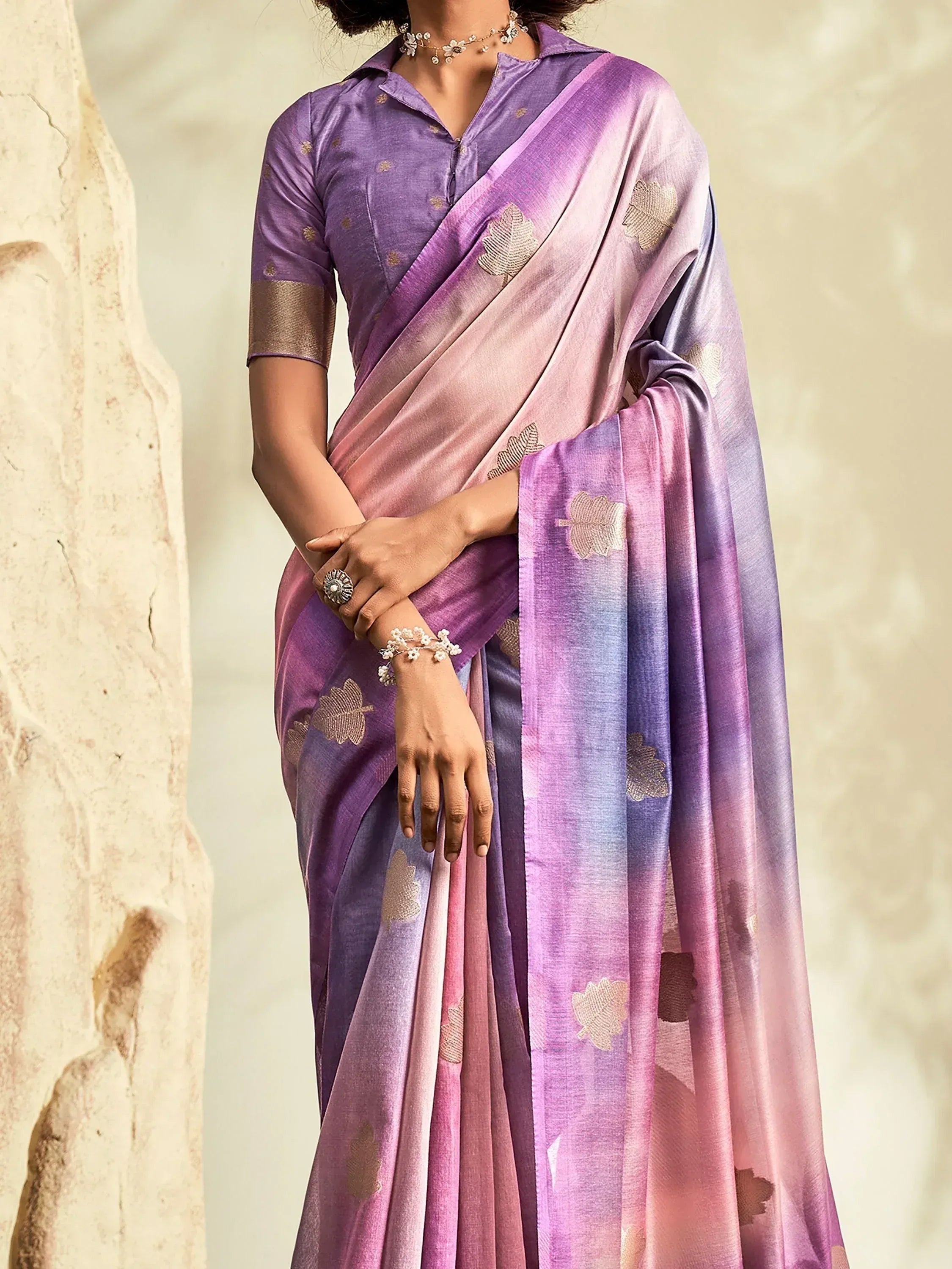 Purple and pink ombre saree with gold leaf embroidery, styled with matching blouse for ethnic wear