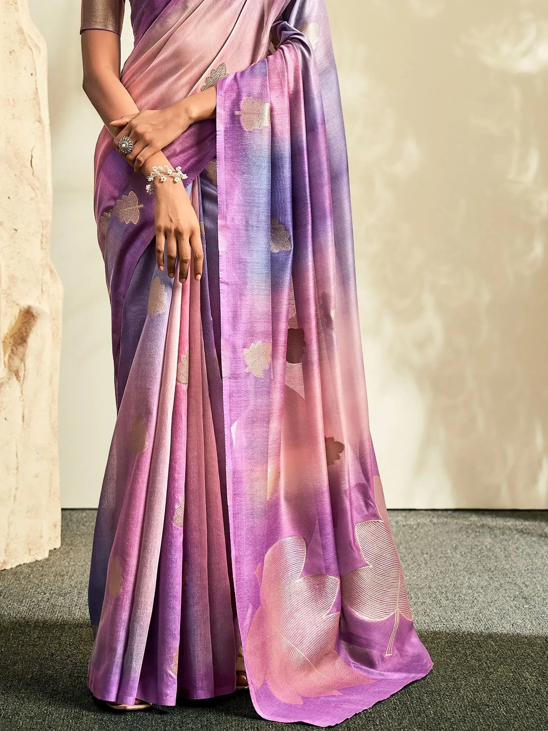 Purple and pink ombre saree with gold leaf print, elegant Indian ethnic wear