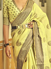 Lovely Yellow Weaving Tissue Silk Event Wear Saree With Blouse