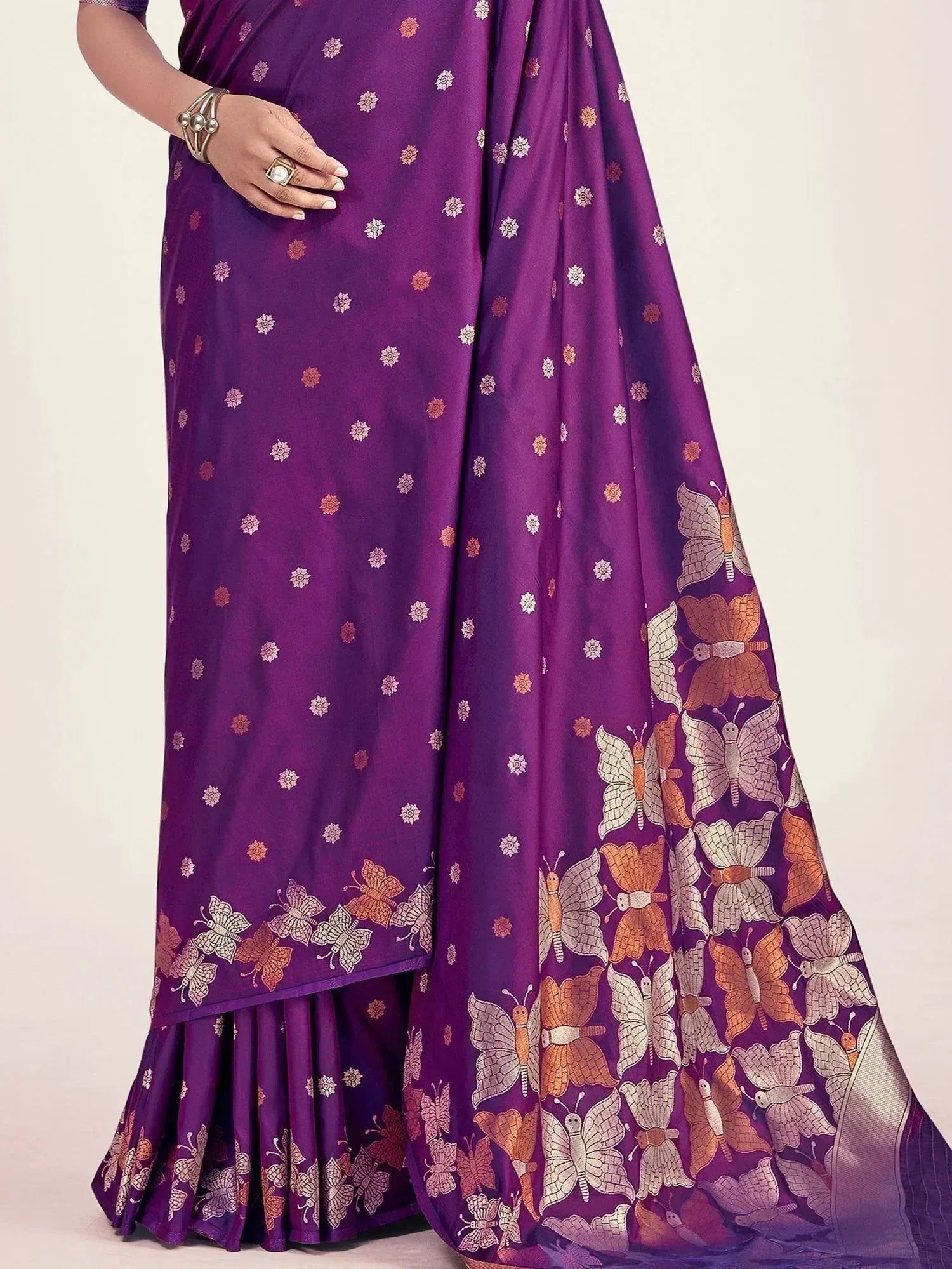 Purple saree with butterfly and floral print, ethnic wear for women