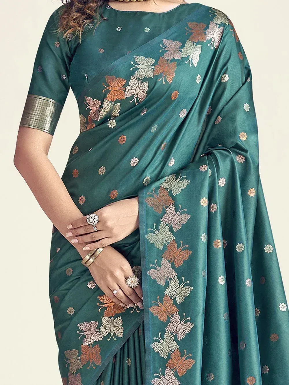 Teal saree with butterfly print, ethnic Indian wear, designer silk saree with gold border