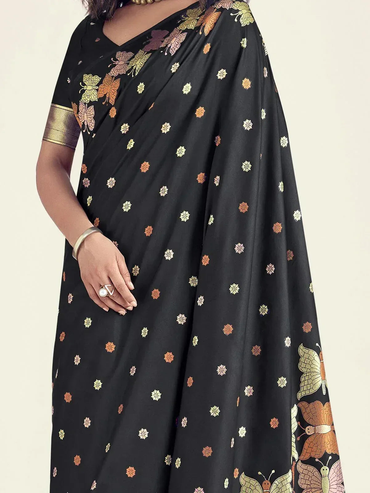 Black saree with butterfly and floral print, gold border, ethnic wear for women