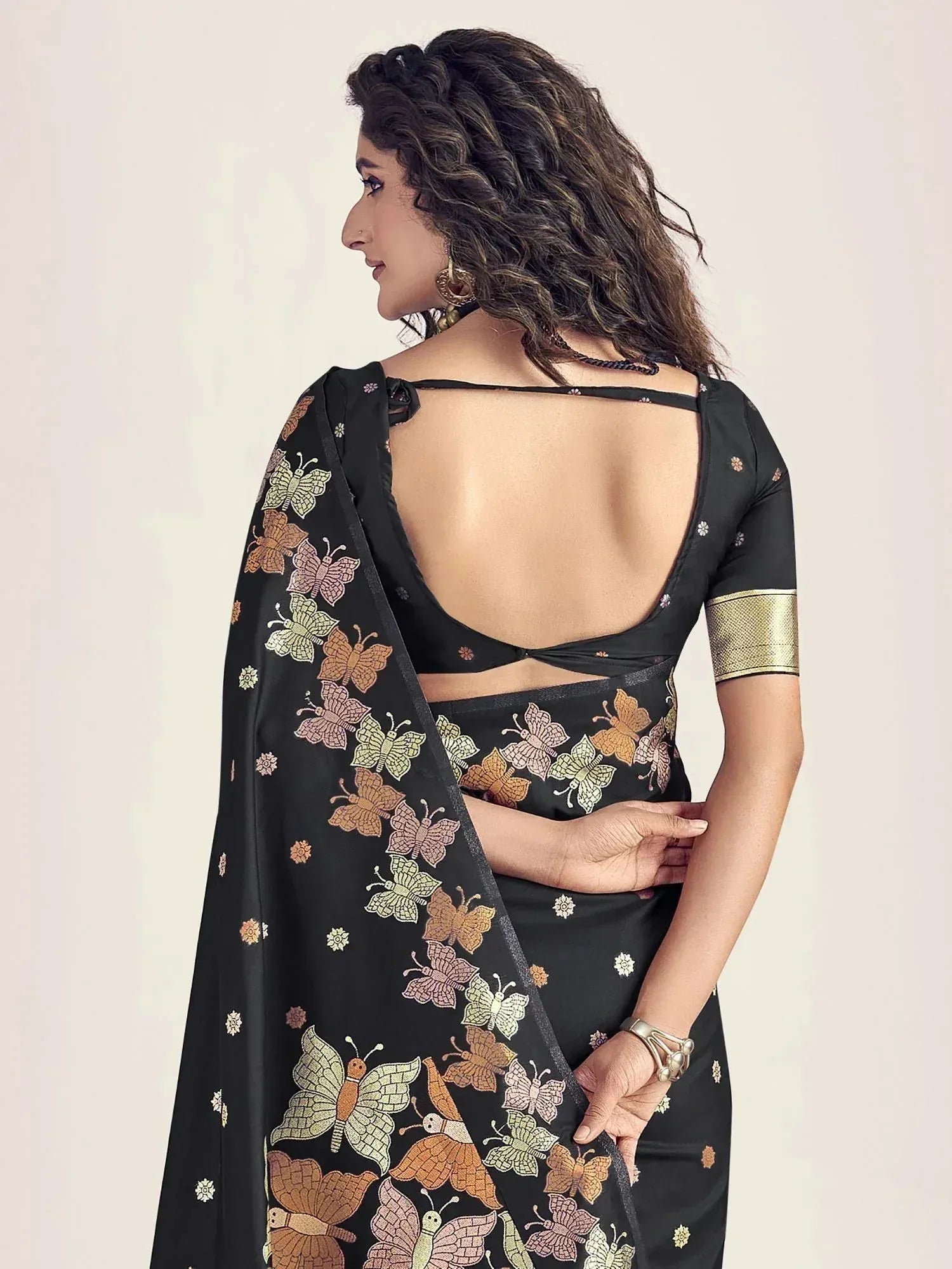 Black saree with colorful butterfly print and backless blouse, ethnic Indian wear
