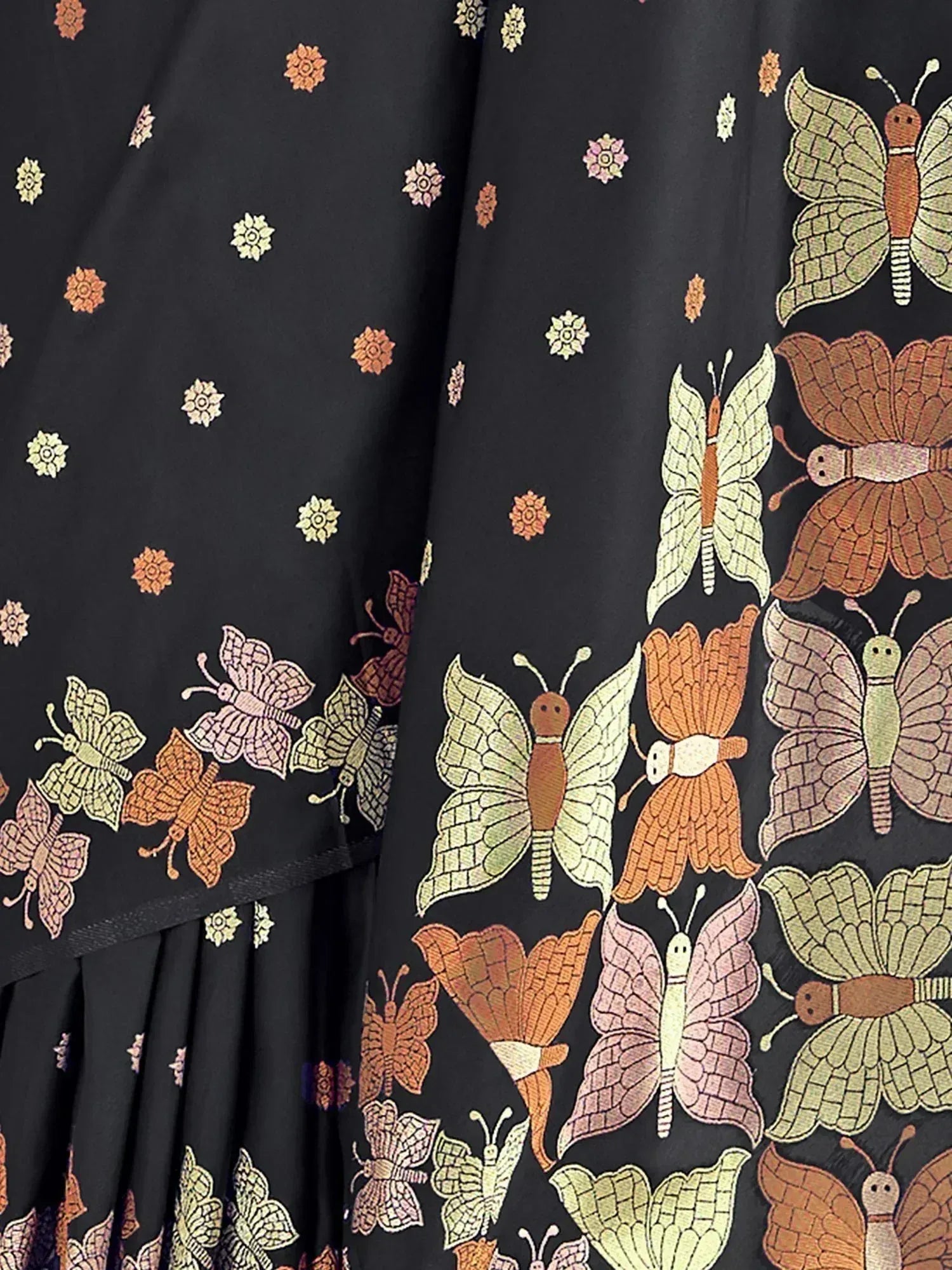 Black ethnic gown with colorful butterfly and floral embroidery, perfect for festive occasions