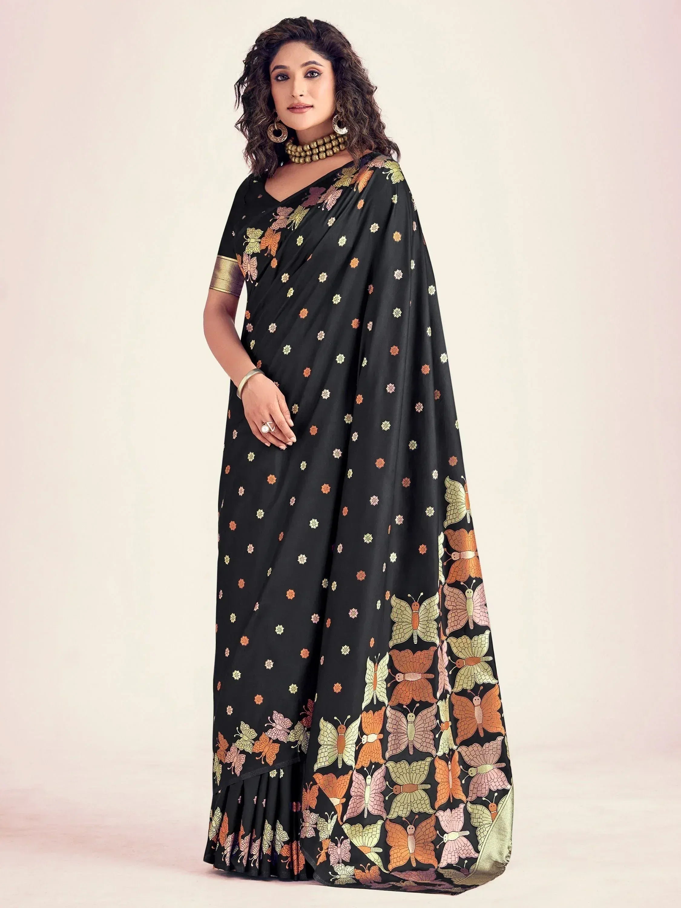 Black saree with colorful butterfly print, ethnic wear for women, designer Indian saree