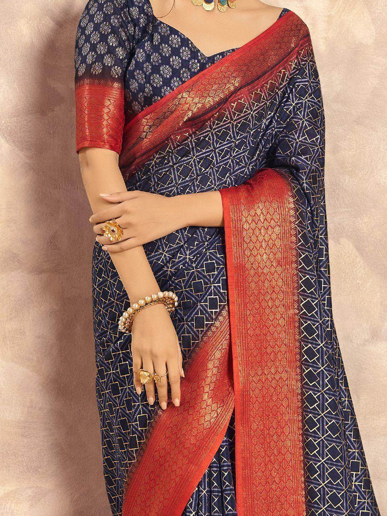 Lovely Navy Blue Foil Printed Dola Silk Festival Wear Saree With Blouse
