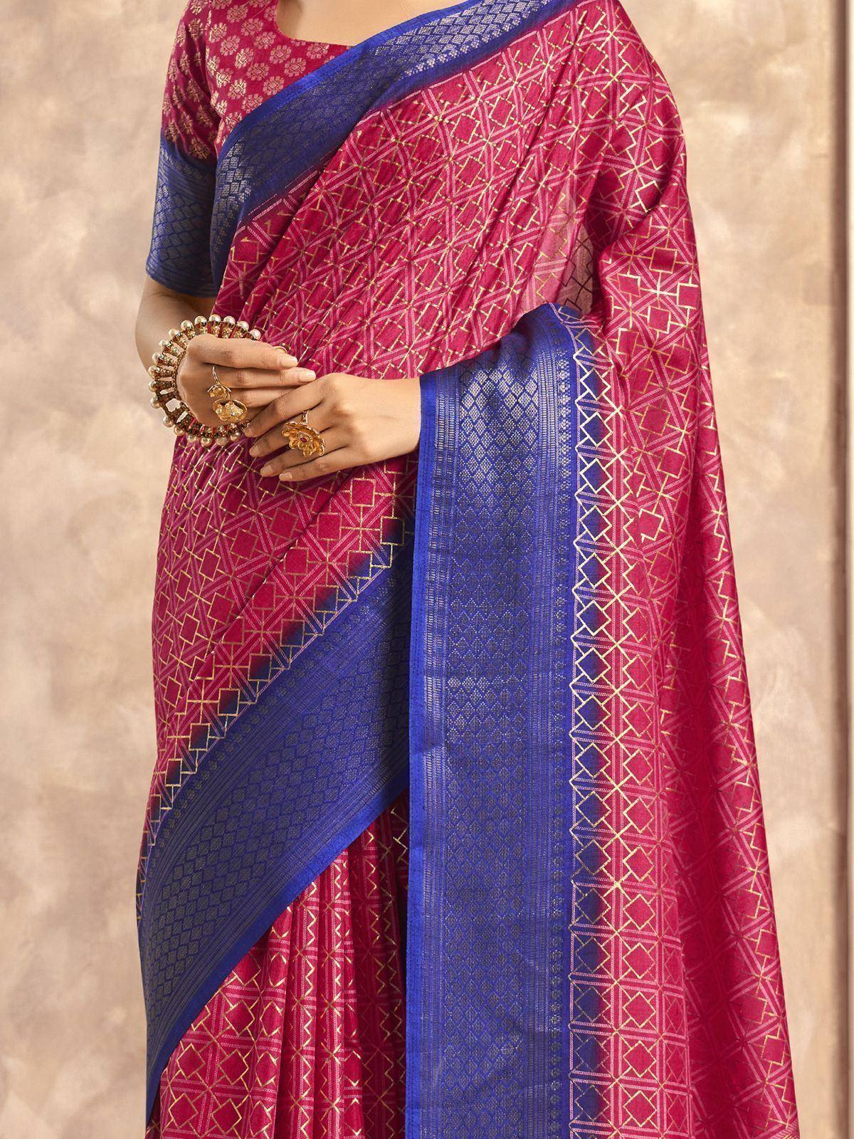 Pink and blue ethnic saree with gold geometric patterns and matching blouse