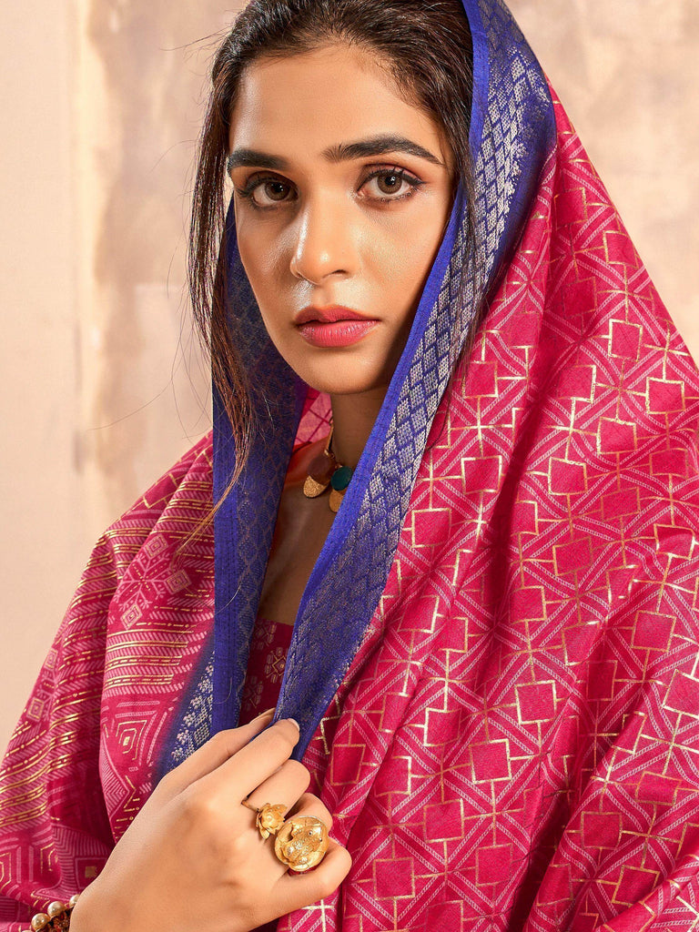 Stunning Rani Pink Foil Printed Dola Silk Function Wear Saree With Blouse
