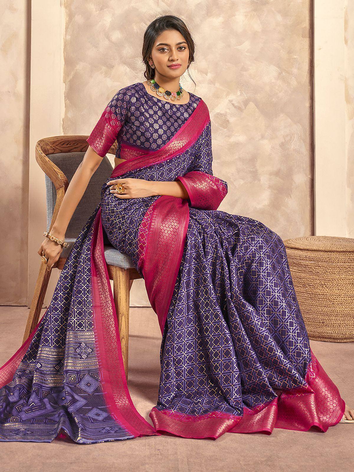 Purple and pink ethnic saree with geometric print, perfect for Indian occasions and festivals